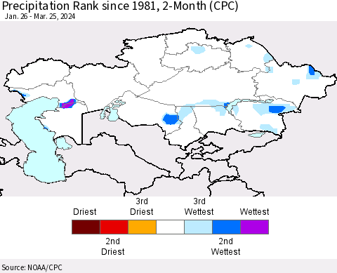Kazakhstan Precipitation Rank since 1981, 2-Month (CPC) Thematic Map For 1/26/2024 - 3/25/2024