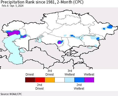 Kazakhstan Precipitation Rank since 1981, 2-Month (CPC) Thematic Map For 2/6/2024 - 4/5/2024