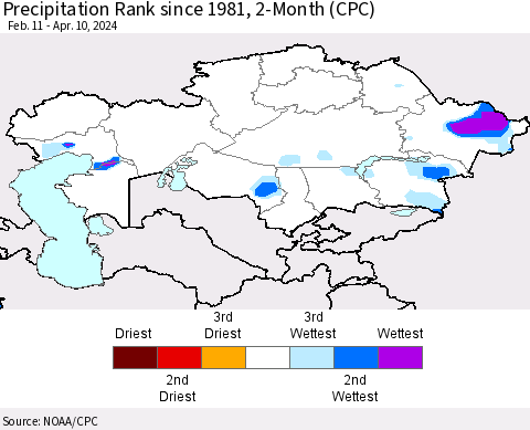 Kazakhstan Precipitation Rank since 1981, 2-Month (CPC) Thematic Map For 2/11/2024 - 4/10/2024