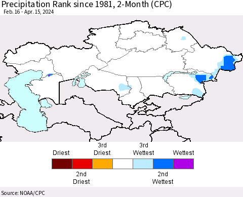 Kazakhstan Precipitation Rank since 1981, 2-Month (CPC) Thematic Map For 2/16/2024 - 4/15/2024