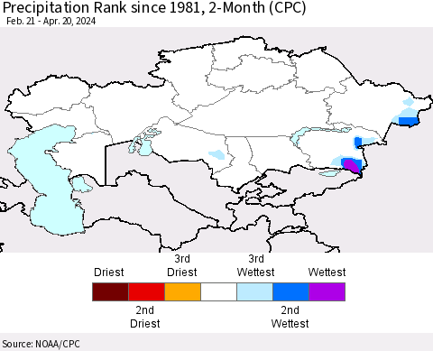 Kazakhstan Precipitation Rank since 1981, 2-Month (CPC) Thematic Map For 2/21/2024 - 4/20/2024