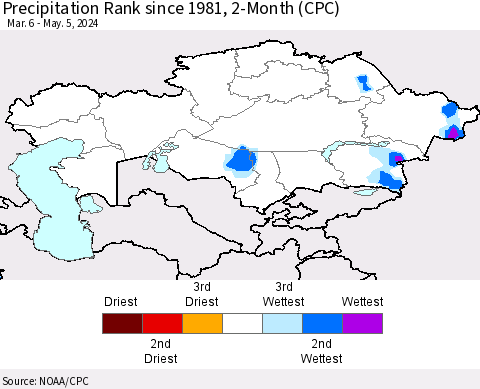 Kazakhstan Precipitation Rank since 1981, 2-Month (CPC) Thematic Map For 3/6/2024 - 5/5/2024