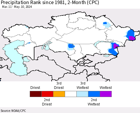 Kazakhstan Precipitation Rank since 1981, 2-Month (CPC) Thematic Map For 3/11/2024 - 5/10/2024