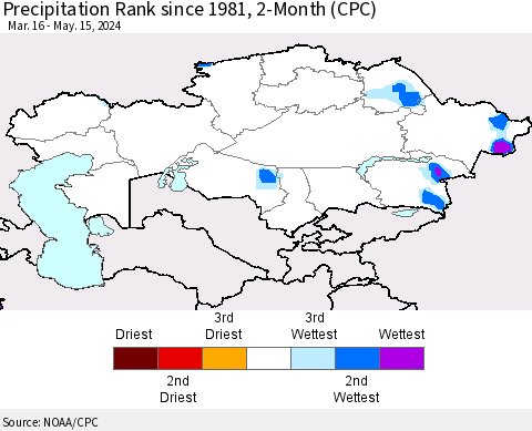 Kazakhstan Precipitation Rank since 1981, 2-Month (CPC) Thematic Map For 3/16/2024 - 5/15/2024