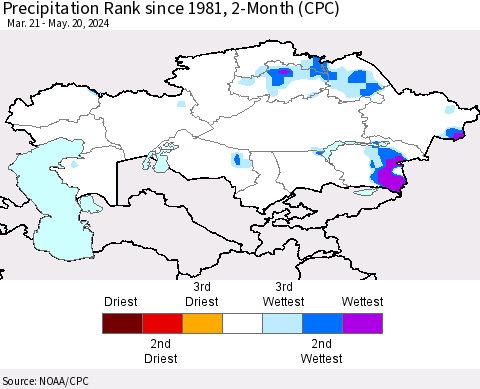 Kazakhstan Precipitation Rank since 1981, 2-Month (CPC) Thematic Map For 3/21/2024 - 5/20/2024