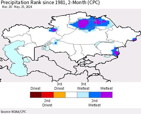 Kazakhstan Precipitation Rank since 1981, 2-Month (CPC) Thematic Map For 3/26/2024 - 5/25/2024