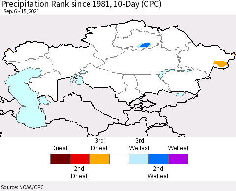 Kazakhstan Precipitation Rank since 1981, 10-Day (CPC) Thematic Map For 9/6/2021 - 9/15/2021