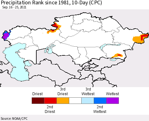 Kazakhstan Precipitation Rank since 1981, 10-Day (CPC) Thematic Map For 9/16/2021 - 9/25/2021
