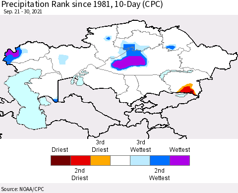 Kazakhstan Precipitation Rank since 1981, 10-Day (CPC) Thematic Map For 9/21/2021 - 9/30/2021