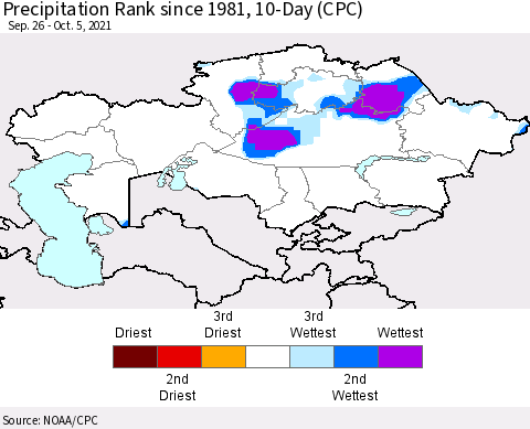 Kazakhstan Precipitation Rank since 1981, 10-Day (CPC) Thematic Map For 9/26/2021 - 10/5/2021