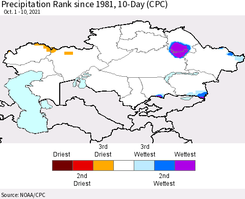 Kazakhstan Precipitation Rank since 1981, 10-Day (CPC) Thematic Map For 10/1/2021 - 10/10/2021