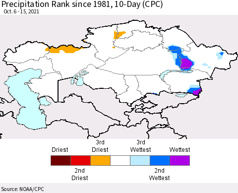 Kazakhstan Precipitation Rank since 1981, 10-Day (CPC) Thematic Map For 10/6/2021 - 10/15/2021