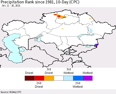 Kazakhstan Precipitation Rank since 1981, 10-Day (CPC) Thematic Map For 10/11/2021 - 10/20/2021