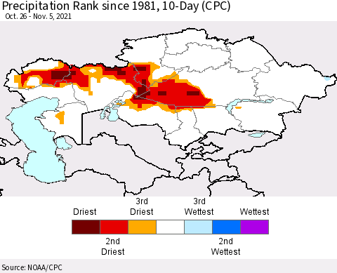 Kazakhstan Precipitation Rank since 1981, 10-Day (CPC) Thematic Map For 10/26/2021 - 11/5/2021