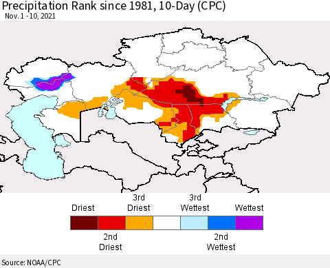 Kazakhstan Precipitation Rank since 1981, 10-Day (CPC) Thematic Map For 11/1/2021 - 11/10/2021