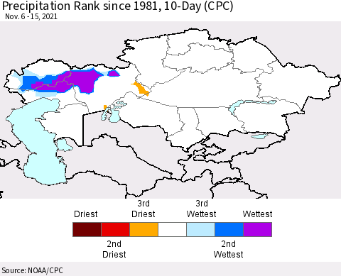 Kazakhstan Precipitation Rank since 1981, 10-Day (CPC) Thematic Map For 11/6/2021 - 11/15/2021
