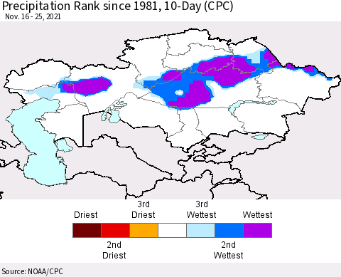 Kazakhstan Precipitation Rank since 1981, 10-Day (CPC) Thematic Map For 11/16/2021 - 11/25/2021