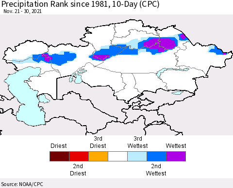 Kazakhstan Precipitation Rank since 1981, 10-Day (CPC) Thematic Map For 11/21/2021 - 11/30/2021