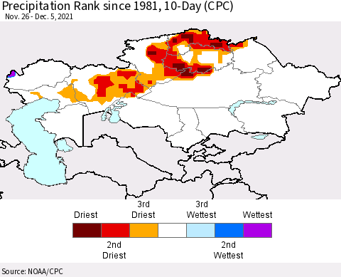Kazakhstan Precipitation Rank since 1981, 10-Day (CPC) Thematic Map For 11/26/2021 - 12/5/2021