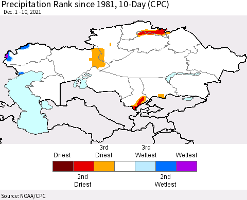 Kazakhstan Precipitation Rank since 1981, 10-Day (CPC) Thematic Map For 12/1/2021 - 12/10/2021