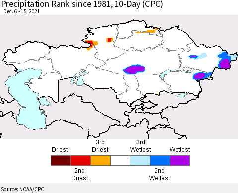 Kazakhstan Precipitation Rank since 1981, 10-Day (CPC) Thematic Map For 12/6/2021 - 12/15/2021