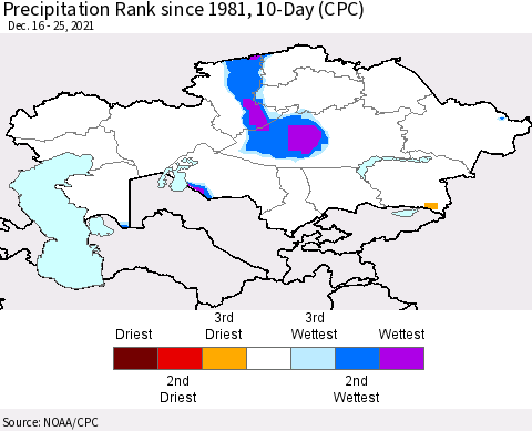 Kazakhstan Precipitation Rank since 1981, 10-Day (CPC) Thematic Map For 12/16/2021 - 12/25/2021