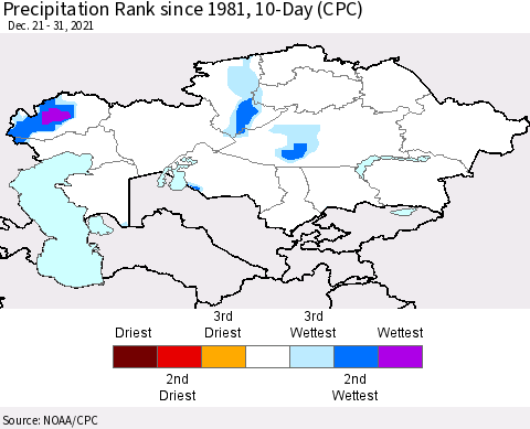 Kazakhstan Precipitation Rank since 1981, 10-Day (CPC) Thematic Map For 12/21/2021 - 12/31/2021