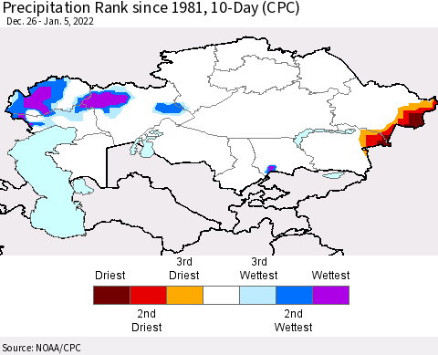 Kazakhstan Precipitation Rank since 1981, 10-Day (CPC) Thematic Map For 12/26/2021 - 1/5/2022
