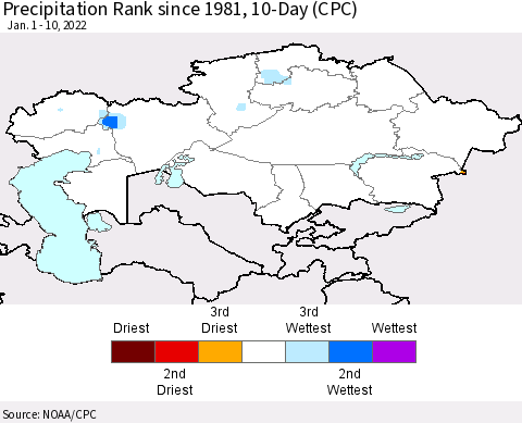 Kazakhstan Precipitation Rank since 1981, 10-Day (CPC) Thematic Map For 1/1/2022 - 1/10/2022