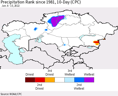 Kazakhstan Precipitation Rank since 1981, 10-Day (CPC) Thematic Map For 1/6/2022 - 1/15/2022