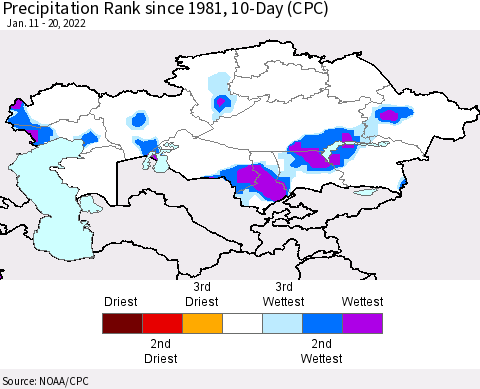 Kazakhstan Precipitation Rank since 1981, 10-Day (CPC) Thematic Map For 1/11/2022 - 1/20/2022