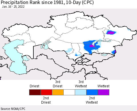 Kazakhstan Precipitation Rank since 1981, 10-Day (CPC) Thematic Map For 1/16/2022 - 1/25/2022
