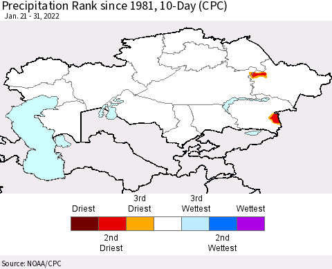 Kazakhstan Precipitation Rank since 1981, 10-Day (CPC) Thematic Map For 1/21/2022 - 1/31/2022