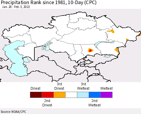 Kazakhstan Precipitation Rank since 1981, 10-Day (CPC) Thematic Map For 1/26/2022 - 2/5/2022