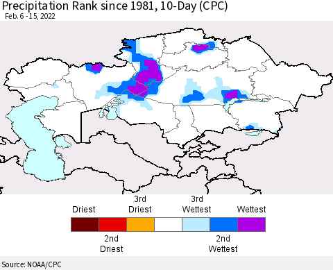 Kazakhstan Precipitation Rank since 1981, 10-Day (CPC) Thematic Map For 2/6/2022 - 2/15/2022