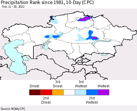 Kazakhstan Precipitation Rank since 1981, 10-Day (CPC) Thematic Map For 2/11/2022 - 2/20/2022