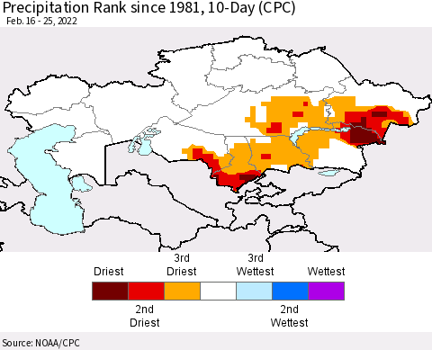 Kazakhstan Precipitation Rank since 1981, 10-Day (CPC) Thematic Map For 2/16/2022 - 2/25/2022