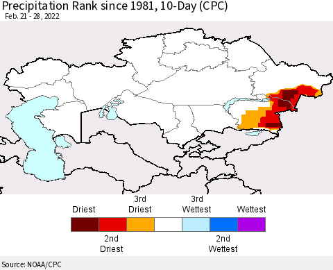 Kazakhstan Precipitation Rank since 1981, 10-Day (CPC) Thematic Map For 2/21/2022 - 2/28/2022