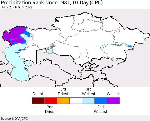 Kazakhstan Precipitation Rank since 1981, 10-Day (CPC) Thematic Map For 2/26/2022 - 3/5/2022