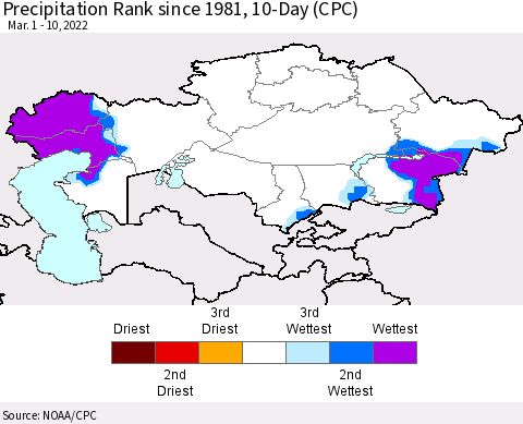 Kazakhstan Precipitation Rank since 1981, 10-Day (CPC) Thematic Map For 3/1/2022 - 3/10/2022