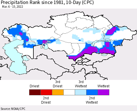 Kazakhstan Precipitation Rank since 1981, 10-Day (CPC) Thematic Map For 3/6/2022 - 3/15/2022