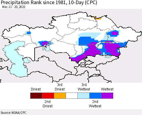 Kazakhstan Precipitation Rank since 1981, 10-Day (CPC) Thematic Map For 3/11/2022 - 3/20/2022