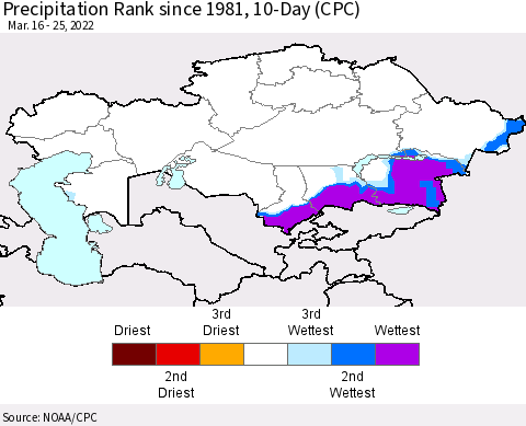 Kazakhstan Precipitation Rank since 1981, 10-Day (CPC) Thematic Map For 3/16/2022 - 3/25/2022