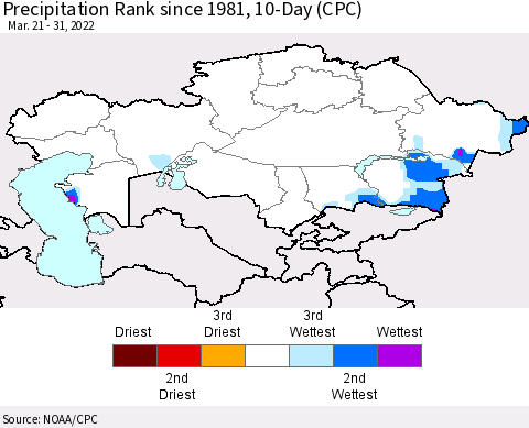 Kazakhstan Precipitation Rank since 1981, 10-Day (CPC) Thematic Map For 3/21/2022 - 3/31/2022