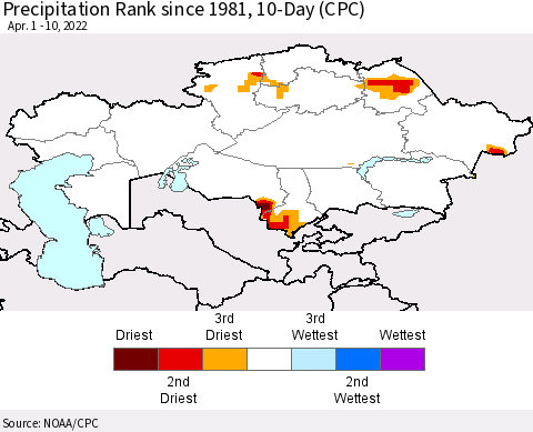 Kazakhstan Precipitation Rank since 1981, 10-Day (CPC) Thematic Map For 4/1/2022 - 4/10/2022
