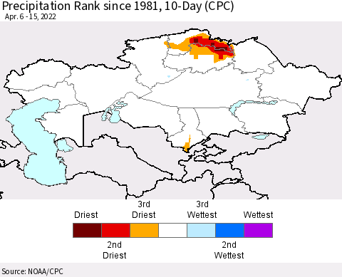 Kazakhstan Precipitation Rank since 1981, 10-Day (CPC) Thematic Map For 4/6/2022 - 4/15/2022
