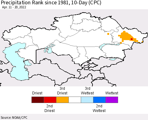 Kazakhstan Precipitation Rank since 1981, 10-Day (CPC) Thematic Map For 4/11/2022 - 4/20/2022