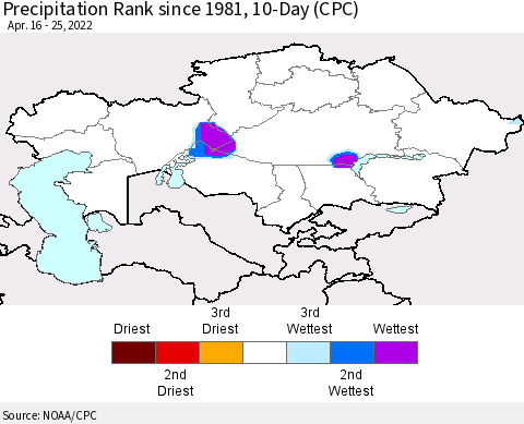 Kazakhstan Precipitation Rank since 1981, 10-Day (CPC) Thematic Map For 4/16/2022 - 4/25/2022