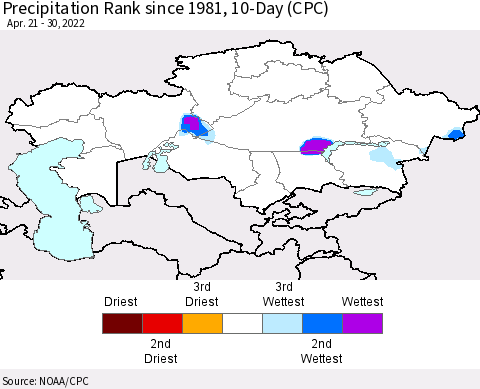 Kazakhstan Precipitation Rank since 1981, 10-Day (CPC) Thematic Map For 4/21/2022 - 4/30/2022