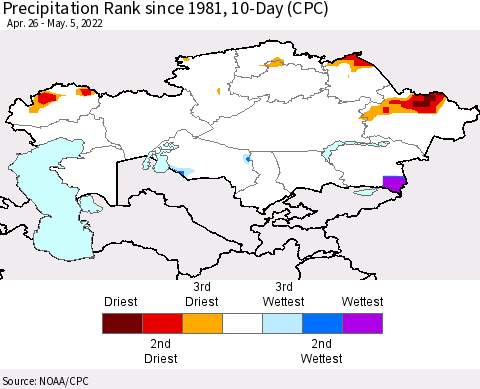 Kazakhstan Precipitation Rank since 1981, 10-Day (CPC) Thematic Map For 4/26/2022 - 5/5/2022